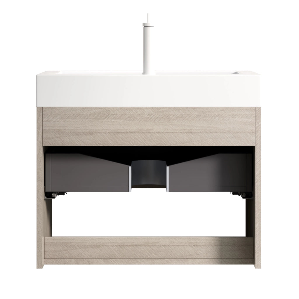 Mobile sottolavabo con lavabo integrato in resina, 1 cassetto e vano aperto, effetto rovere chiaro, 70 × 46 × 60 cm