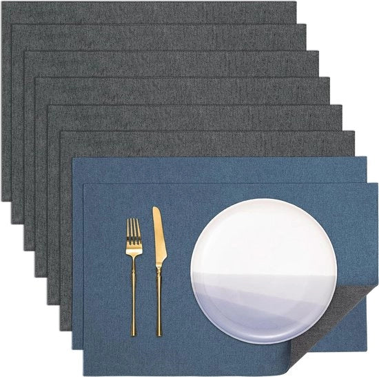 Sfoglie da tavola, imitazione lino, lavabile, placemats antiscivolo, placemats a doppio strato, set da 8, lavabile, tessuto, grigio-azzurro 45 x 30 cm