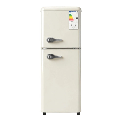 Frigorifero a doppia porta (112L) – controllo della temperatura a 7 livelli; classe di efficienza energetica E; luce LED; ripiani regolabili e portauova – Crema
