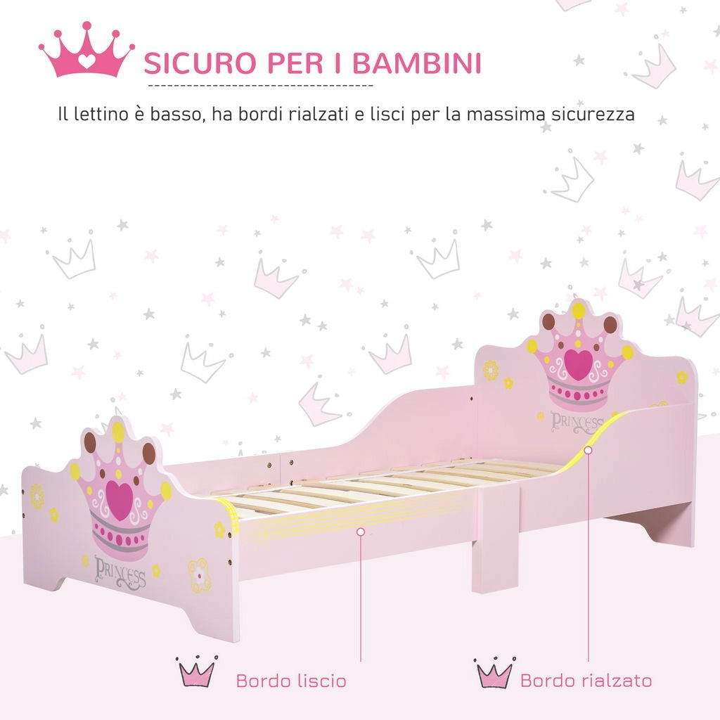 LETTO PER BAMBINI PRINCESS DA 3-6 ANNI CON SPONDE DI SICUREZZA E DOGHE IN LEGNO 143L X 73P X 60A CM ROSA