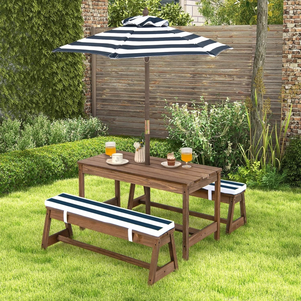 Set di mobili da giardino per bambini con 2 panche e ombrello regolabile, in legno di abete, per bambini con cuscino, set di mobili per giardino, terrazza, balcone (blu)