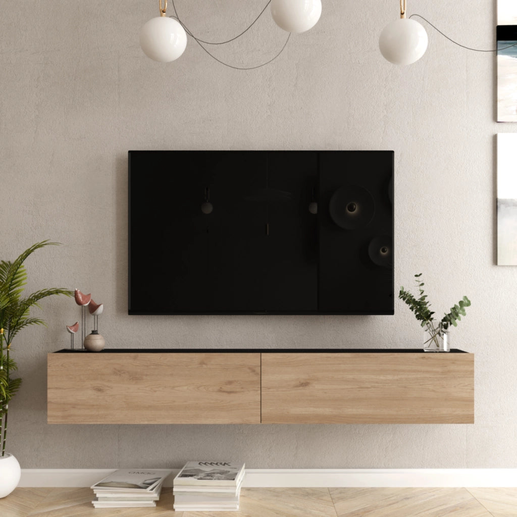 Mobile Porta TV Lapinlahti con 2 Ante a Ribalta Consolle da Parete 180 cm Nero / Effetto Rovere [en.casa]