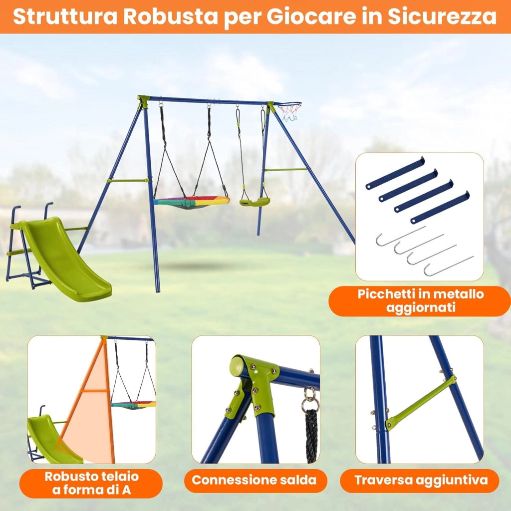 4 in 1 Set di Altalena da Giardino per Bambini con Scivolo, Canestro Basket, Altalena a Nido, Altalena con Sedile, Corde Regolabili e Struttura in Metallo, per Interno ed Esterno