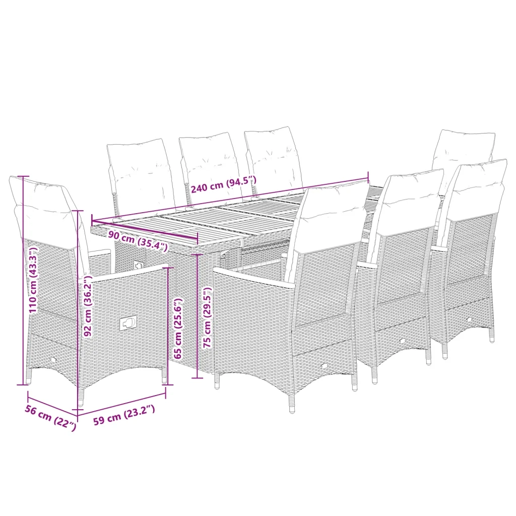 Set Bistrò da Giardino 9 pz con Cuscini in Polyrattan Nero 3277249