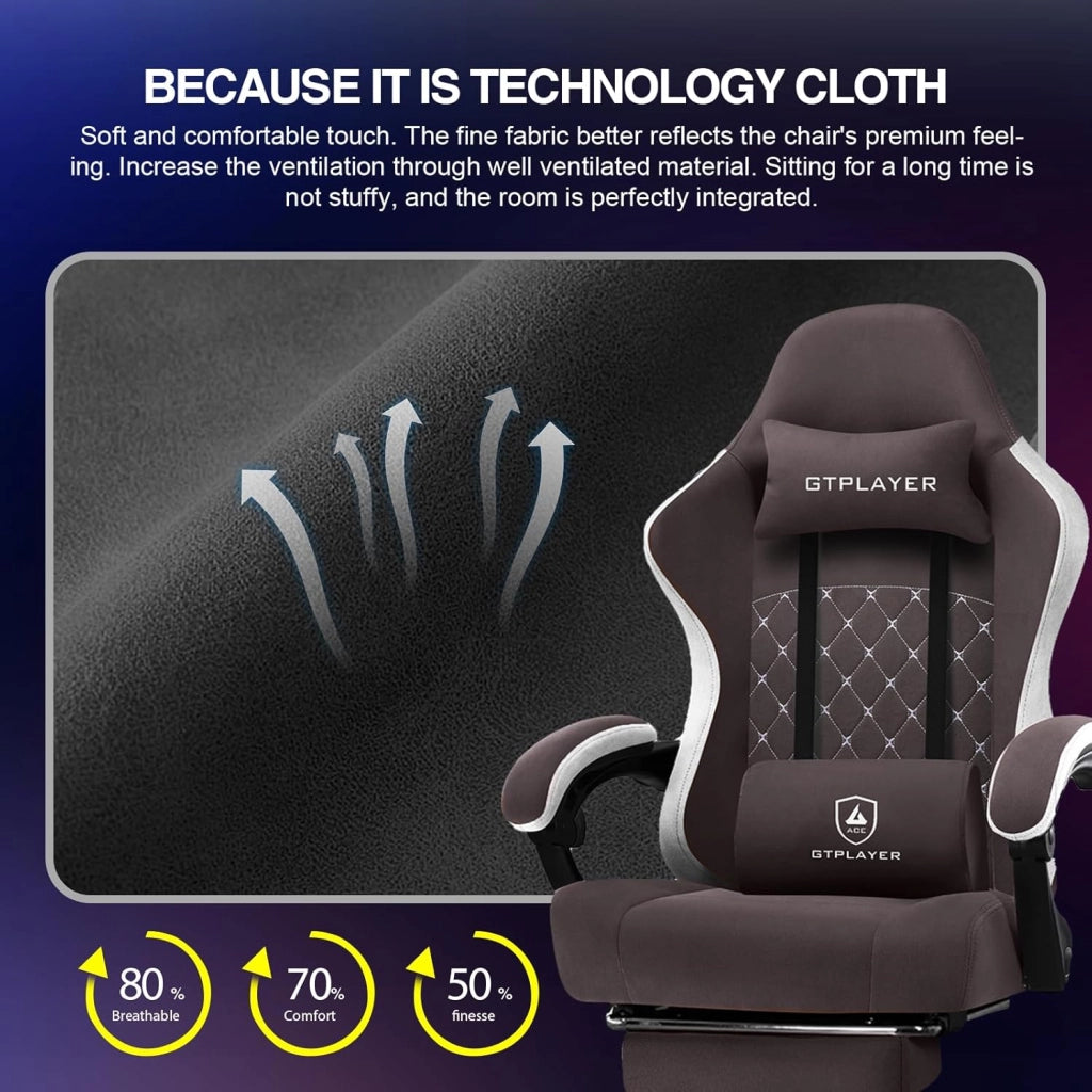 Sedia da gaming, ergonomica, da scrivania, con superficie in tessuto, cuscino a molla, braccioli di collegamento e poggiapiedi, Marrone