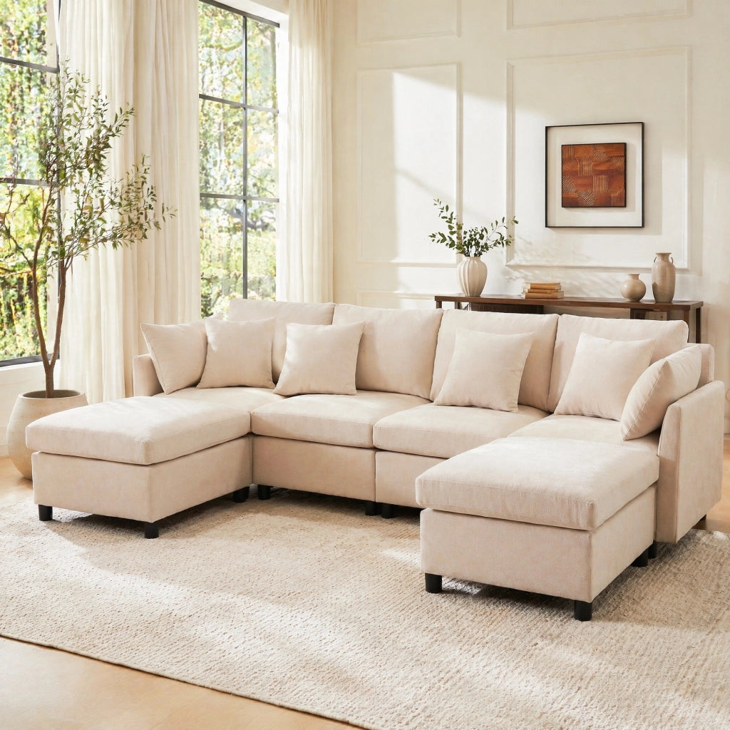 Divano modulare in chenille, trasformabile in configurazione U o L, con 2 pouf e 6 cuscini, beige
