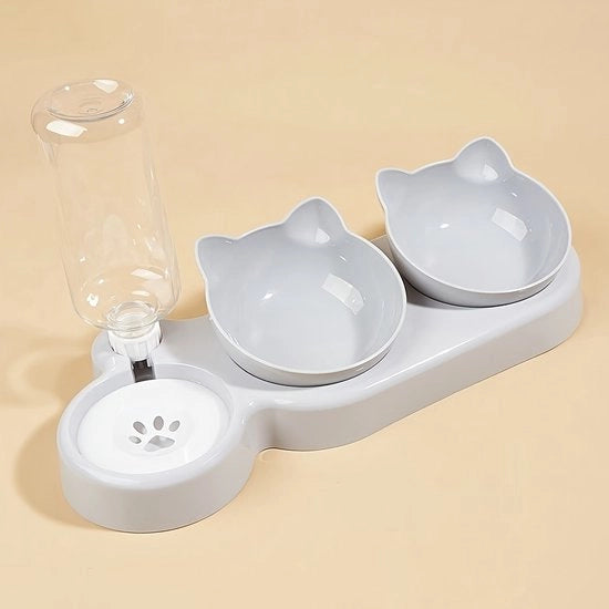 Ciotola per animali con dispensatore di acqua, set 3-in-1 ciotola e dispensatore di acqua inclinabile per gatti, con flacone di acqua a gravità per protezione del collo (grigio).