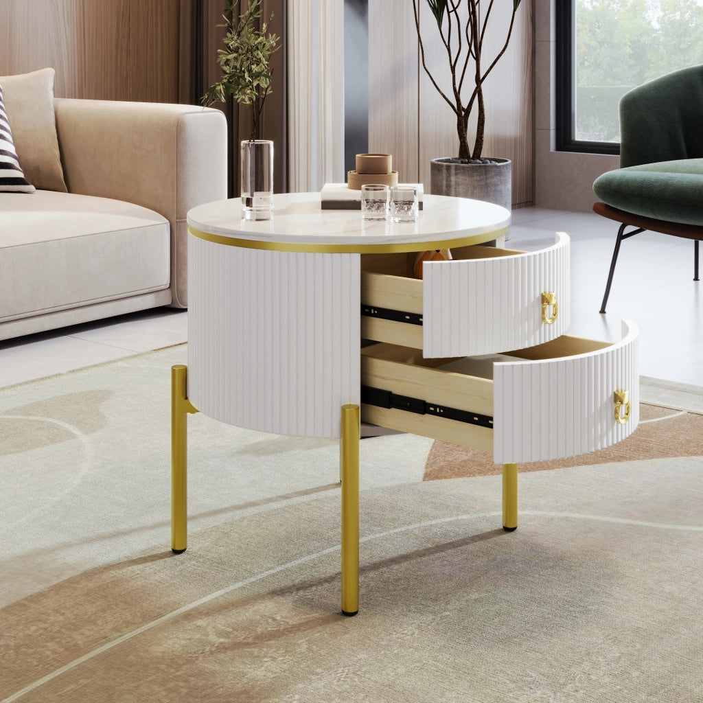 TAVOLINO da salotto 50x51 cm bianco e oro in MDF con 2 cassetti