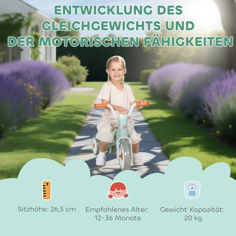 Bicicletta senza pedali per bambini da 12 a 36 mesi, con 3 ruote silenziose, adatta a maschi e femmine, per interni ed esterni, colore verde.