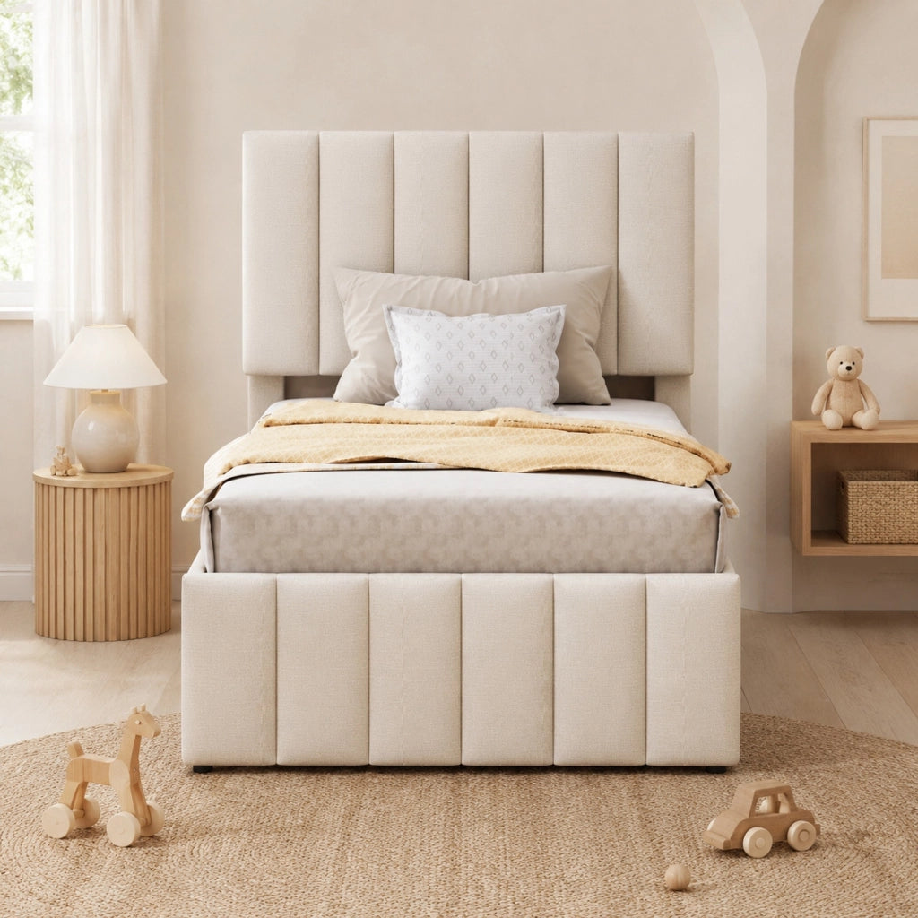 Letto imbottito singolo con letto estraibile e 3 cassetti 90x200 cm; beige