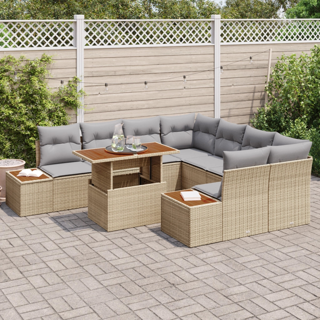 Set di Divano da Giardino 9 Pezzi con Cuscini Beige Polyrattan