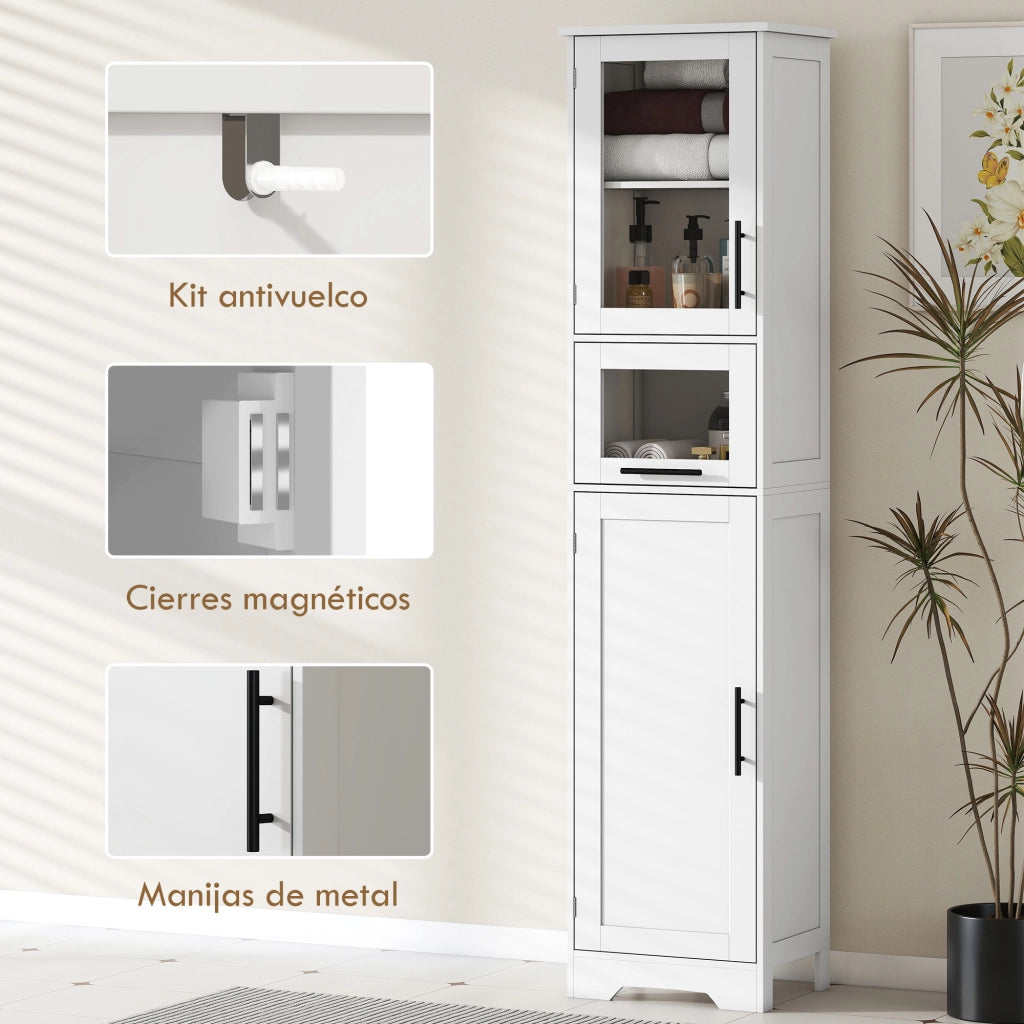 Colonna Bagno con Anta a Vetro Ripiani Regolabili e Cassetto ¨C Minimal ¨C Bianco 40x31x170 cm