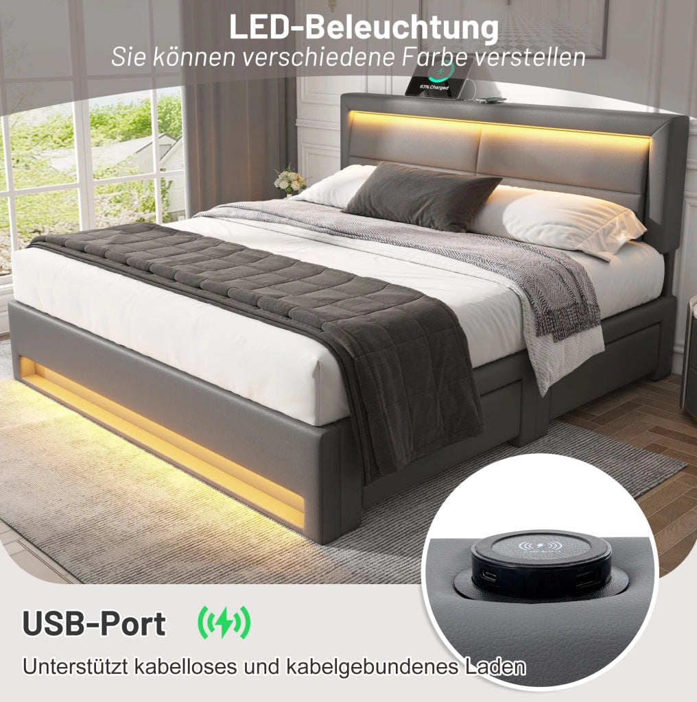 Letto imbottito matrimoniale 140x190 cm con USB; LED e 4 cassetti; grigio; in PU