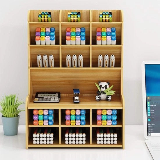 Organizzatore in legno per scrivania, supporto per penne con grande capacità, cassetto di archiviazione, ripiano di archiviazione per articoli da ufficio, articoli per casa e scuola (B15-Witte Esdoorn)