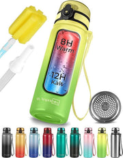 Bottiglia di acqua in acciaio inossidabile termoresistente, 400ml, 600ml, con beccuccio o setaccio - adatto a bambini e adulti, BPA libero, (verde-giallo, 600 ml)