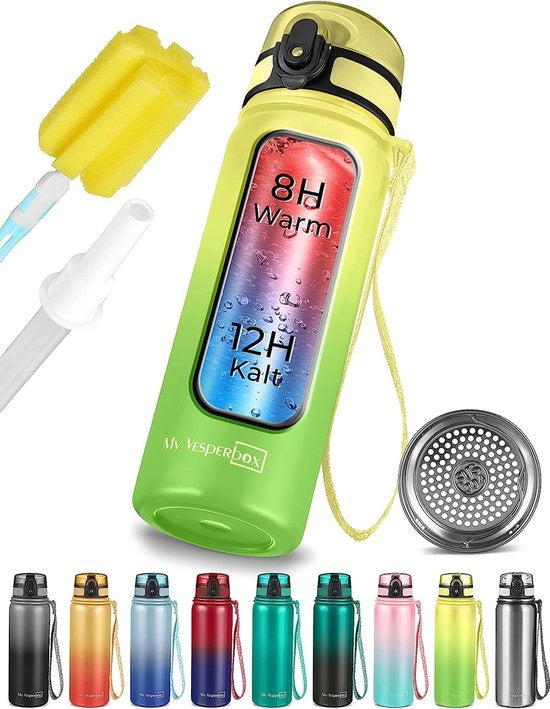 Bottiglia di acqua in acciaio inossidabile termoresistente, 400ml, 600ml, con beccuccio o setaccio - adatto a bambini e adulti, BPA libero, (verde-giallo, 600 ml)