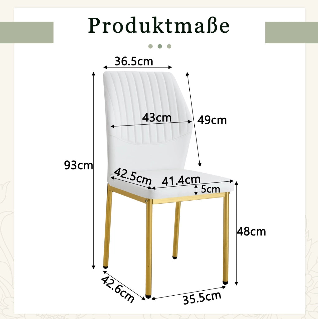 Set 4 sedie da pranzo moderne in PU bianco con gambe in metallo oro; H 93 cm