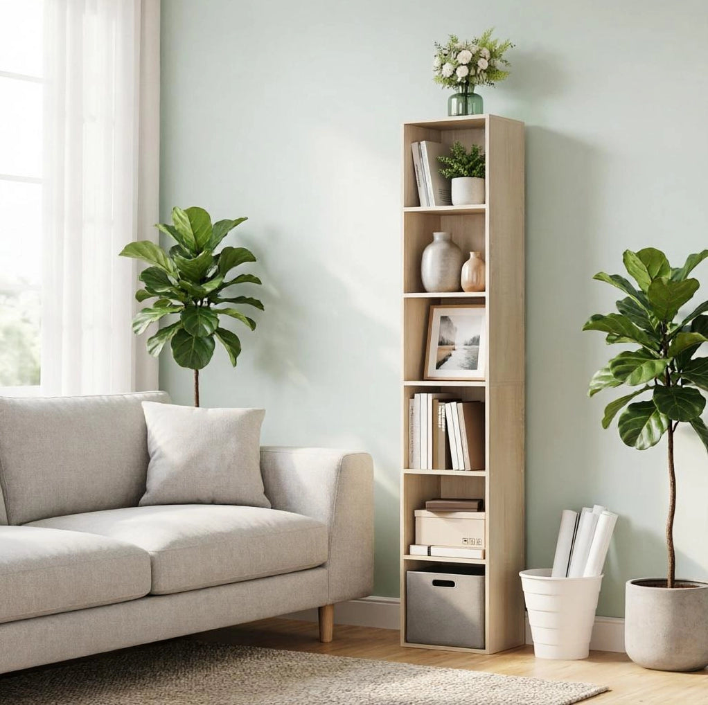 Libreria a 6 vani in MDF e truciolare effetto rovere