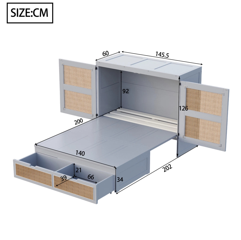 Letto a scomparsa 140x200 cm con design effetto rattan; contenitore e cassetti; grigio
