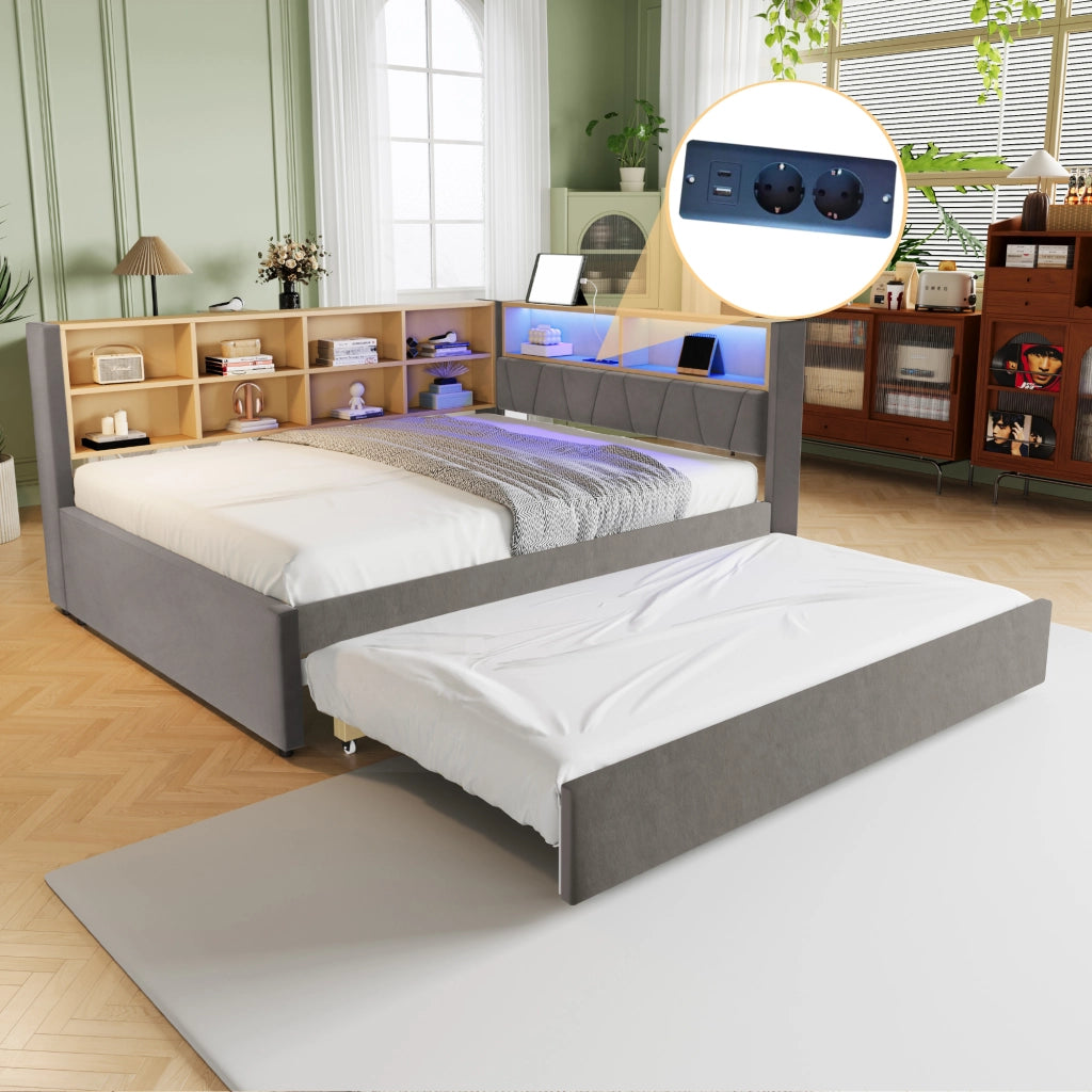 OKWISH Letto Divano 140×200 cm e 90×190 cm, Letto 2 Posti con LED, USB, Tipo C e VanI Portaoggetti, senza Materasso, in Flanella, Grigio Scuro