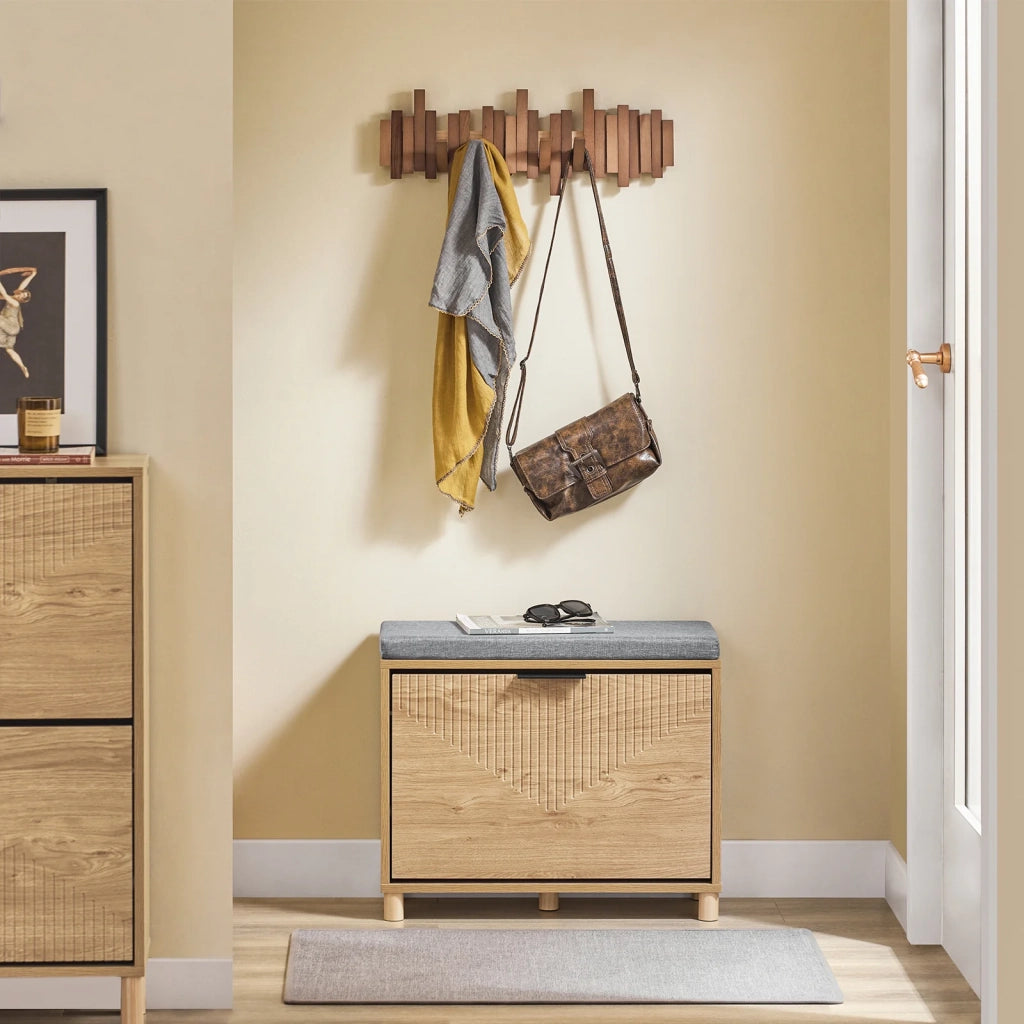 SoBuy Scarpiera Panca Ingresso Scarpiera Salvaspazio Slim con Cuscino - Panca Contenitore con Ribalta per Scarpe - Adatta a Ingresso, Corridoio - Legno Chiaro e Grigio, 60x24x50cm, FSR199-N