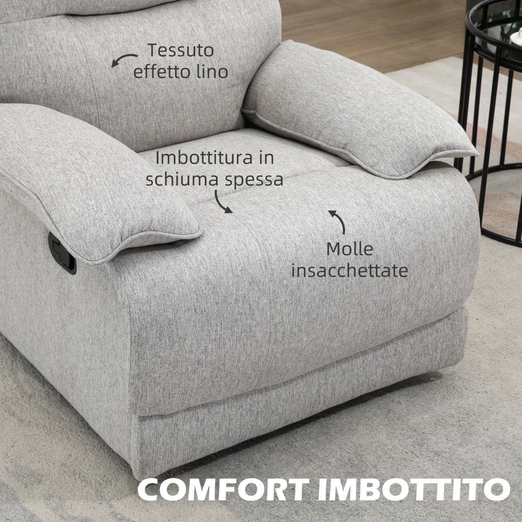 Poltrona Relax Reclinabile 150° con Poggiapiedi 89x98x101 cm in Tessuto Effetto Lino Grigio Chiaro
