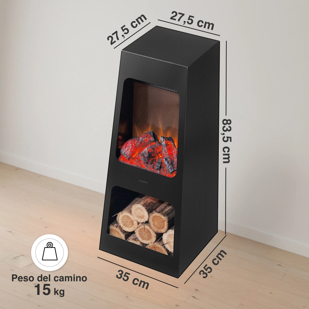 KAMINIO Caminetto elettrico da giardino KAI L - Stufa de terrazzo  elettrico con riscaldamento, effetto fiamma 3D, luce ambiente a LED, scomparto de legno, telecomando - Large, Nero