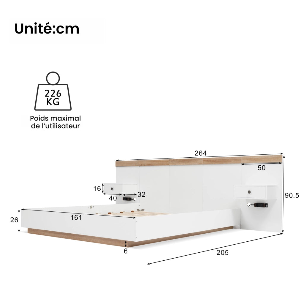 Letto Matrimoniale 160x200 cm; 2 Posti con 2 Comodini LED; USB e Type-C Bianco e Rovere