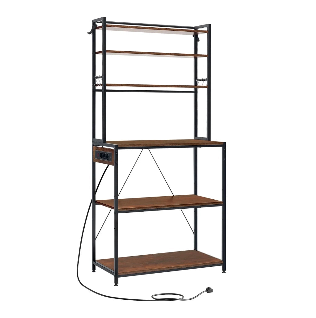 Scaffale da cucina con prese 6 ripiani aperti 6 ganci marrone rustico metallo e legno