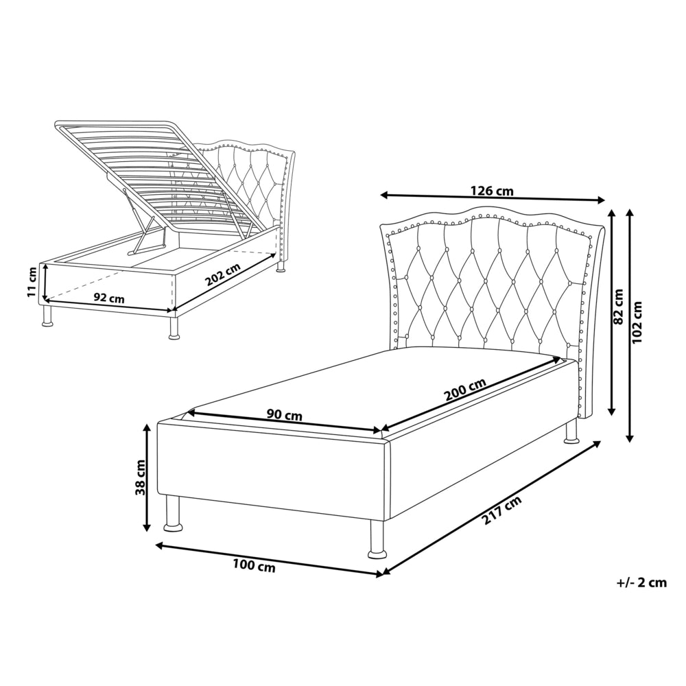 Letto singolo in ecopelle bianca con struttura imbottita da 90 x 200 cm con rifiniture per la testa dei chiodi contenitore