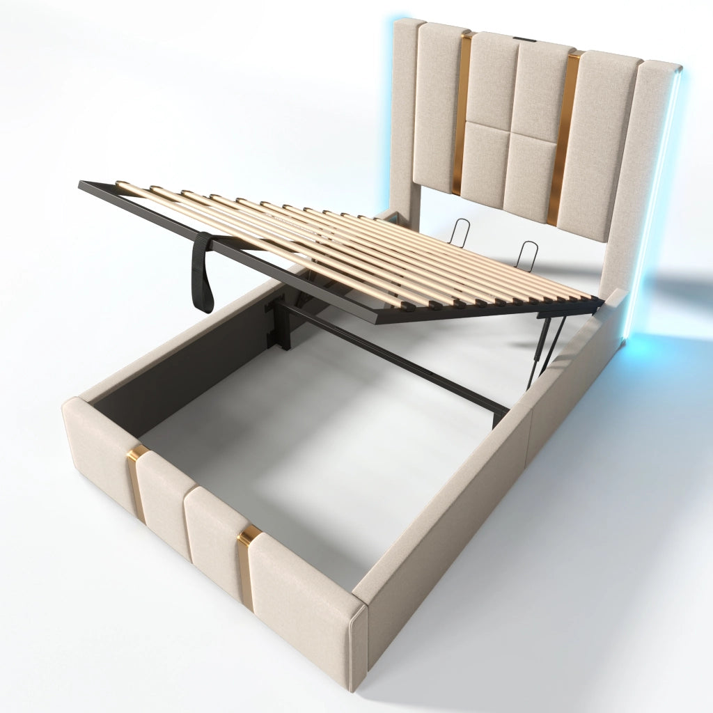 Letto imbottito singolo 90x200 cm con LED RGB, USB Type-C, contenitore salvaspazio e rete a doghe, beige