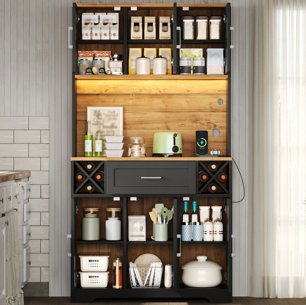 Credenza da cucina 105x40x180 cm in MDF naturale e nero con LED -