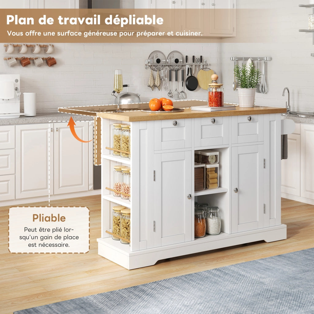 Carrello da Cucina con 3 Cassetti; 2 Ante; Piano Pieghevole; Presa e USB; 5 Ruote; in MDF; Bianco Naturale