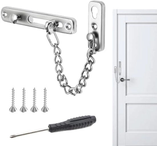 Deurketting senza foratura - Beveglio di sicurezza per porte in acciaio inossidabile per casa, hotel e altro - Incluso materiale di montaggio (6 pezzi)