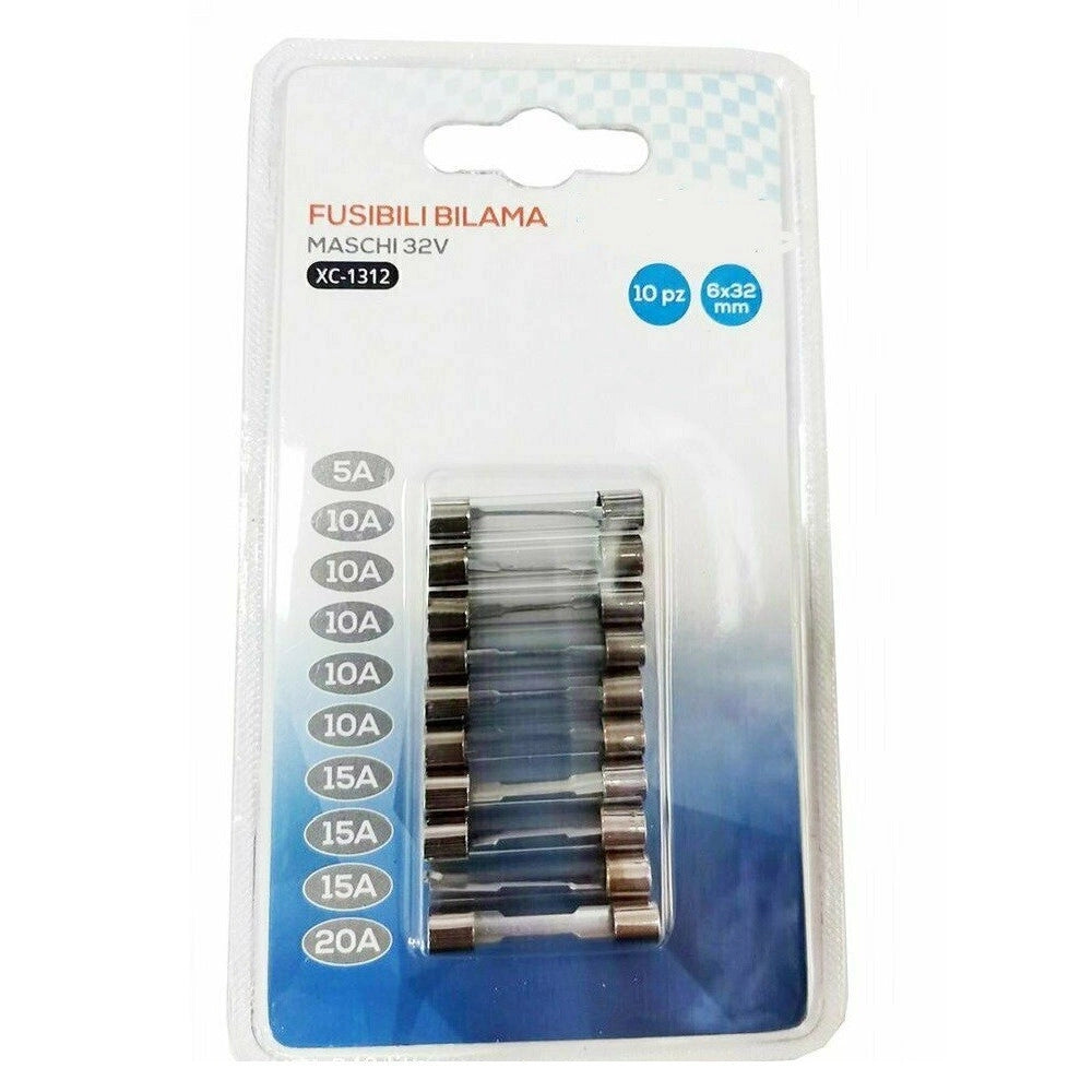 Trade Shop - Set 10pz Fusibili Bilama Maschi In Vetro Assortiti 12/32v 5a/10a/15a/20a Xc-1312 -