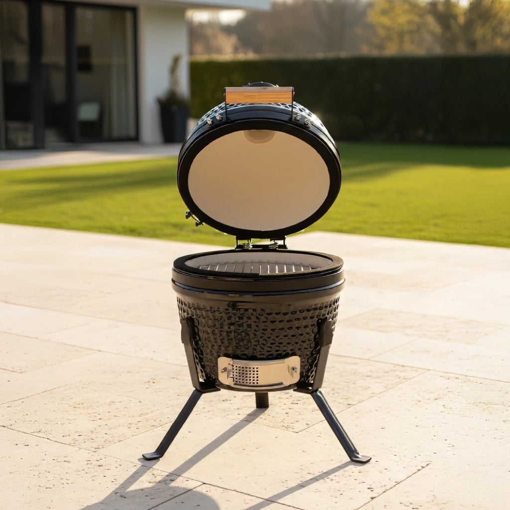 Barbecue Kamado a Carbone in Ceramica con Termometro, Griglia in Acciaio Inox SS304 Ø26 cm, Ventilazione Regolabile, BBQ Compatto da Giardino e Terrazzo