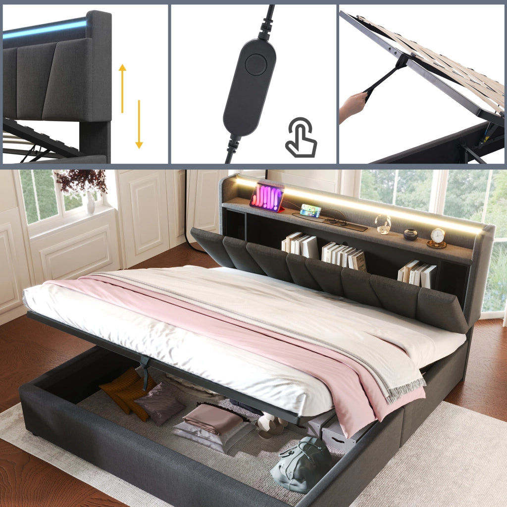 OKWISH Letto Contenitore 140×190 cm, Letto Matrimoniale con Testiera Contenitore, USB, Tipo C, LED Regolabile e senza Materasso, Lino, Grigio