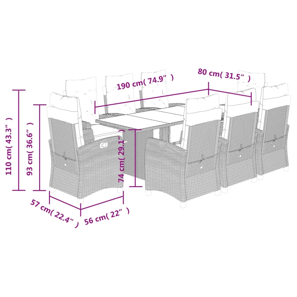 Set da Pranzo da Giardino 9 pz con Cuscini Beige in Polyrattan