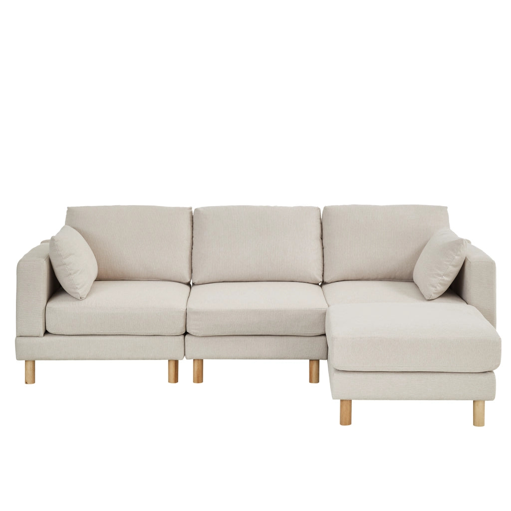 Divano Angolare 3 Posti con Poggiapiedi ¨C MINIMAL ¨C Beige, Tessuto Poliestere, Gambe Massello, 235x152x78 cm