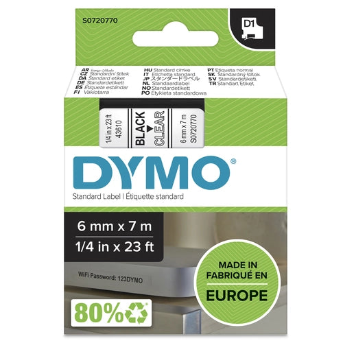 DYMO D1 etichette originali / stampa nera su trasparente / 6 mm x 7 m / autoadesive / per etichettatrice di etichette LabelManager