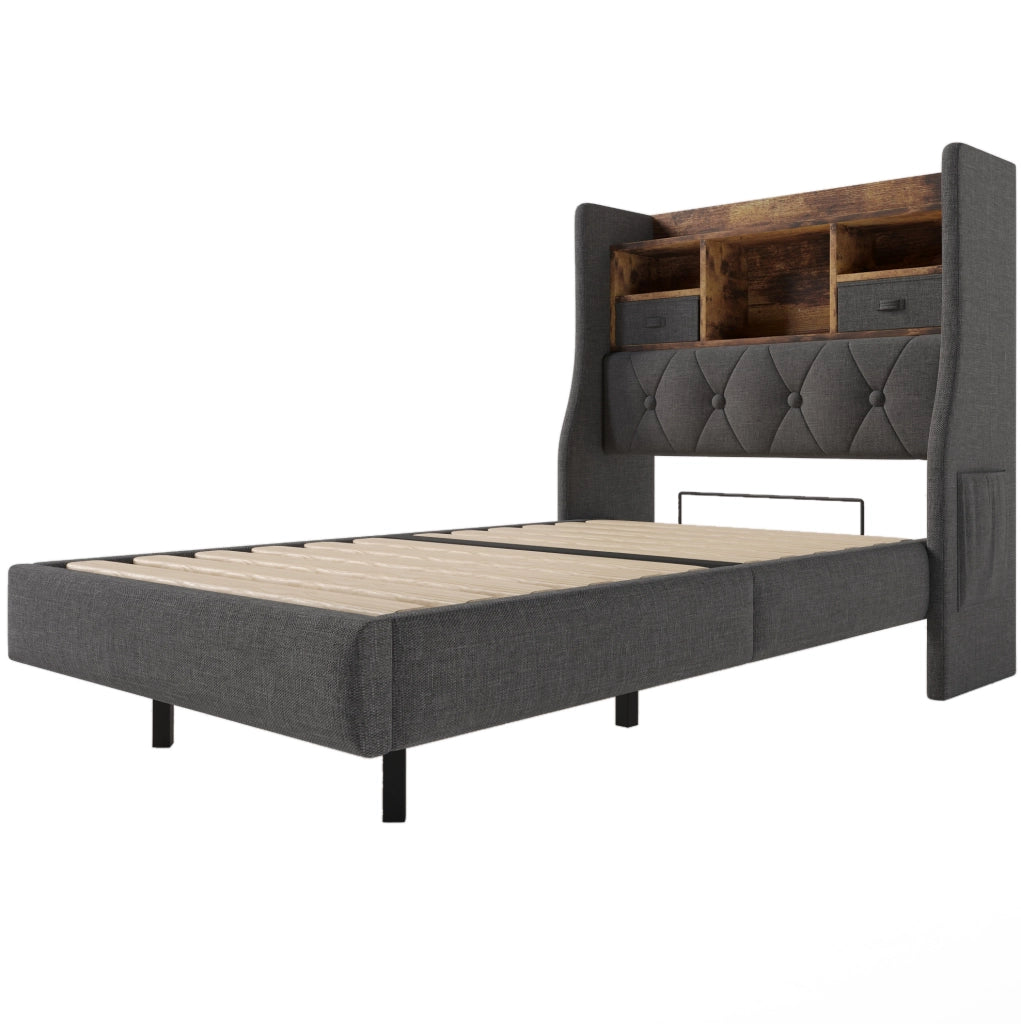 Letto imbottito ULEVR 90x200 cm con LED, 3 USB e Type-C, testiera con ripiani e tasche, lino grigio