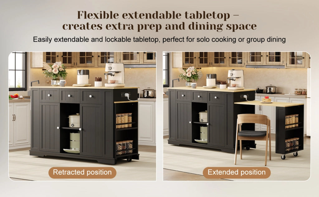 Isola cucina mobile con tavolo estraibile, prese AC e USB, 2 ante, 2 cassetti, 138(213)x55x93 cm