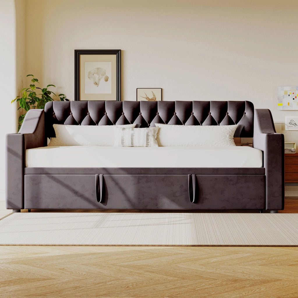Divano letto imbottito estraibile 90x190/180x190 cm in velluto grigio con USB e Type-C