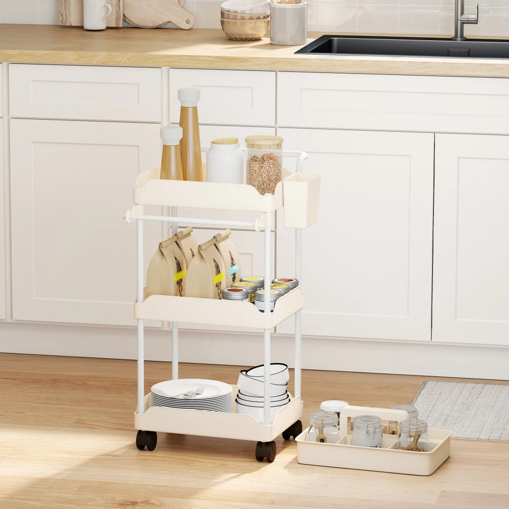 Carrello da cucina con 3 livelli e cestini estraibili ¨C Zephmum ¨C Bianco