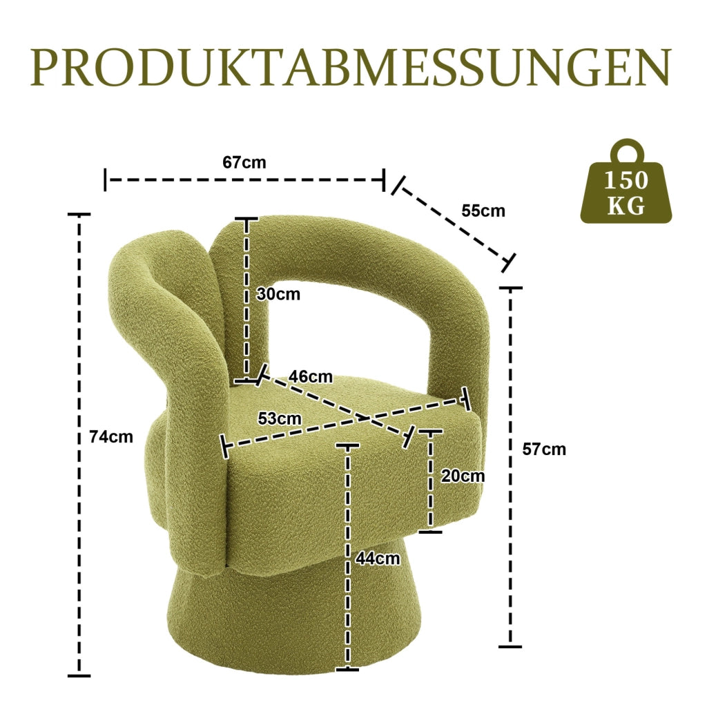Poltrona girevole 360° in bouclé verde oliva; seduta imbottita 67x55x74 cm