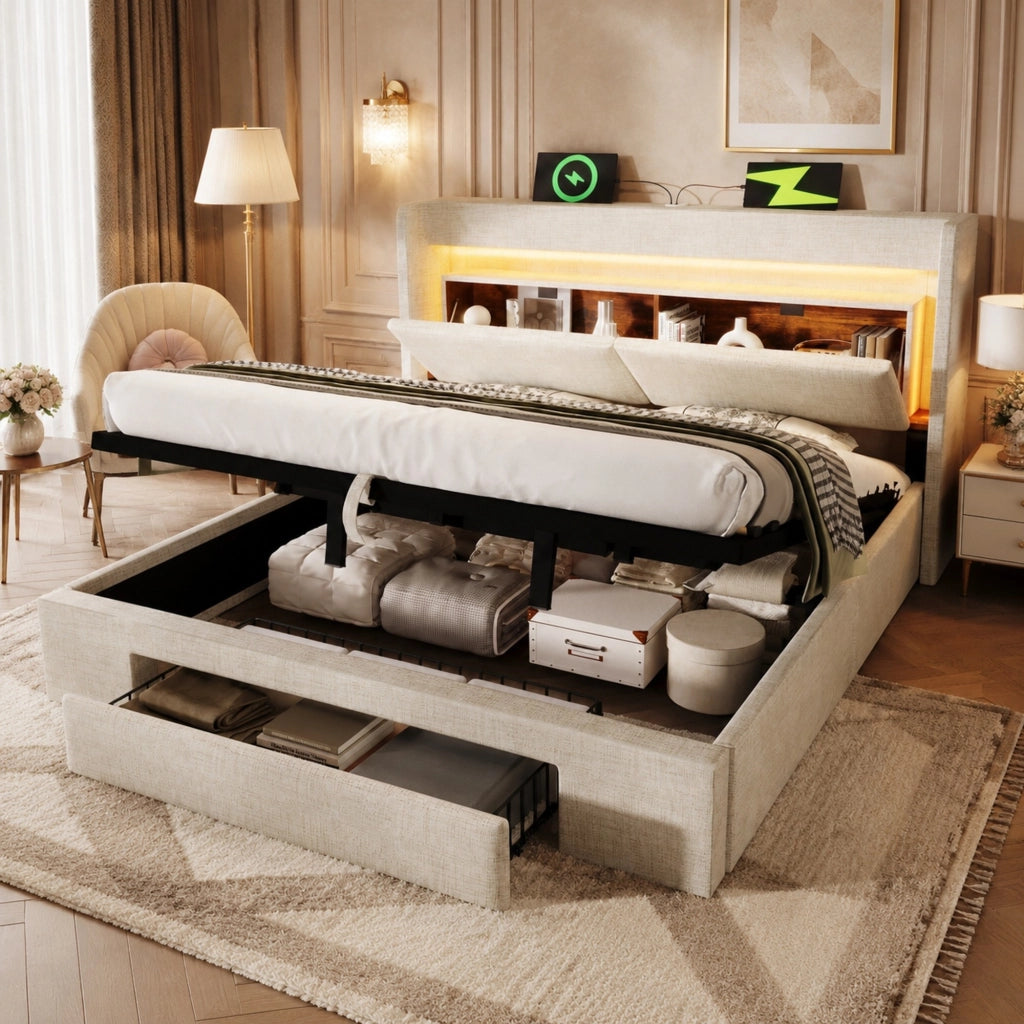 Letto imbottito 180x200 cm in lino beige con contenitore idraulico; LED; USB e USB-C