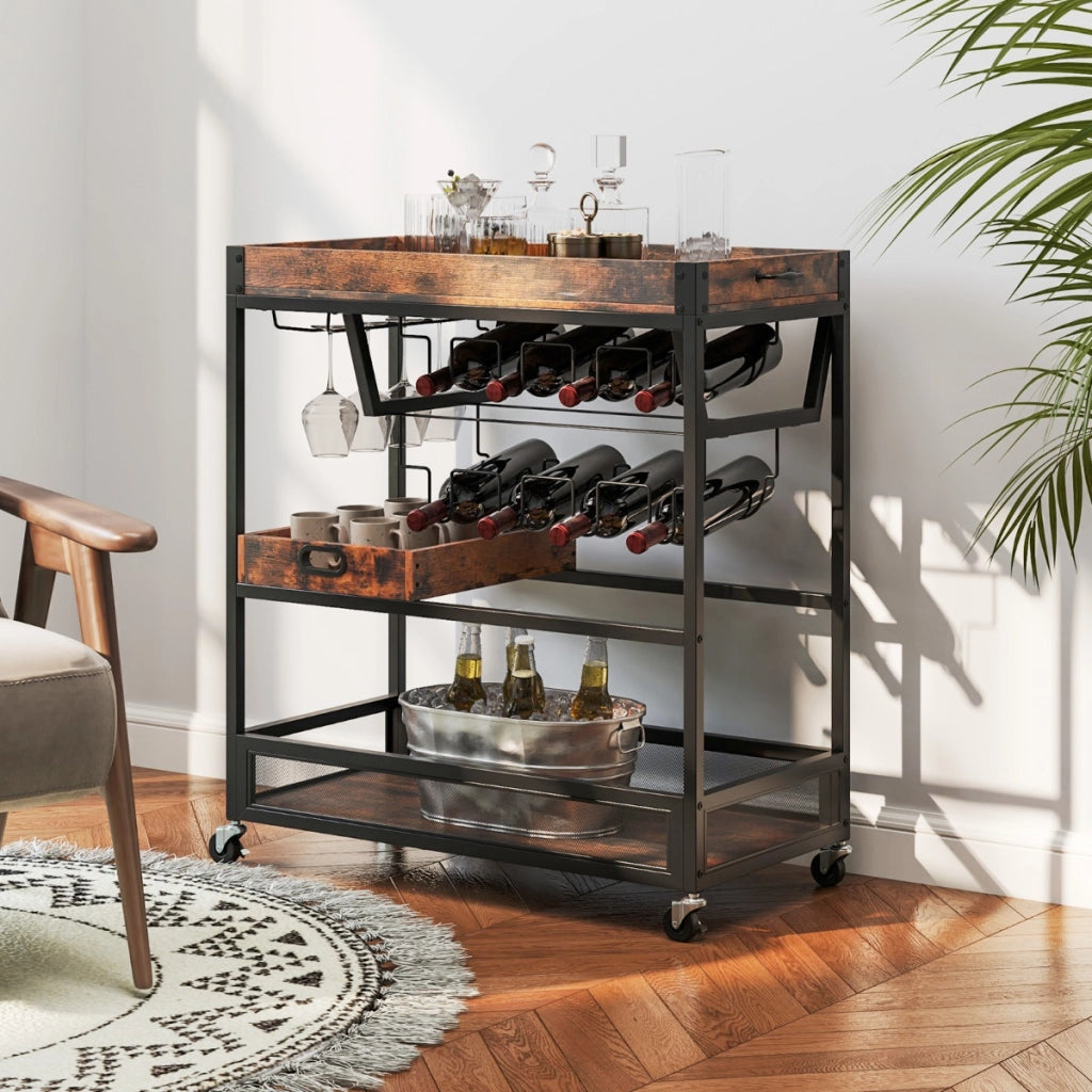 Carrello bar per casa con vassoio rimovibile, Carrello da cucina a 3 piani con ruote bloccabili Marrone scuro-Carrelli
