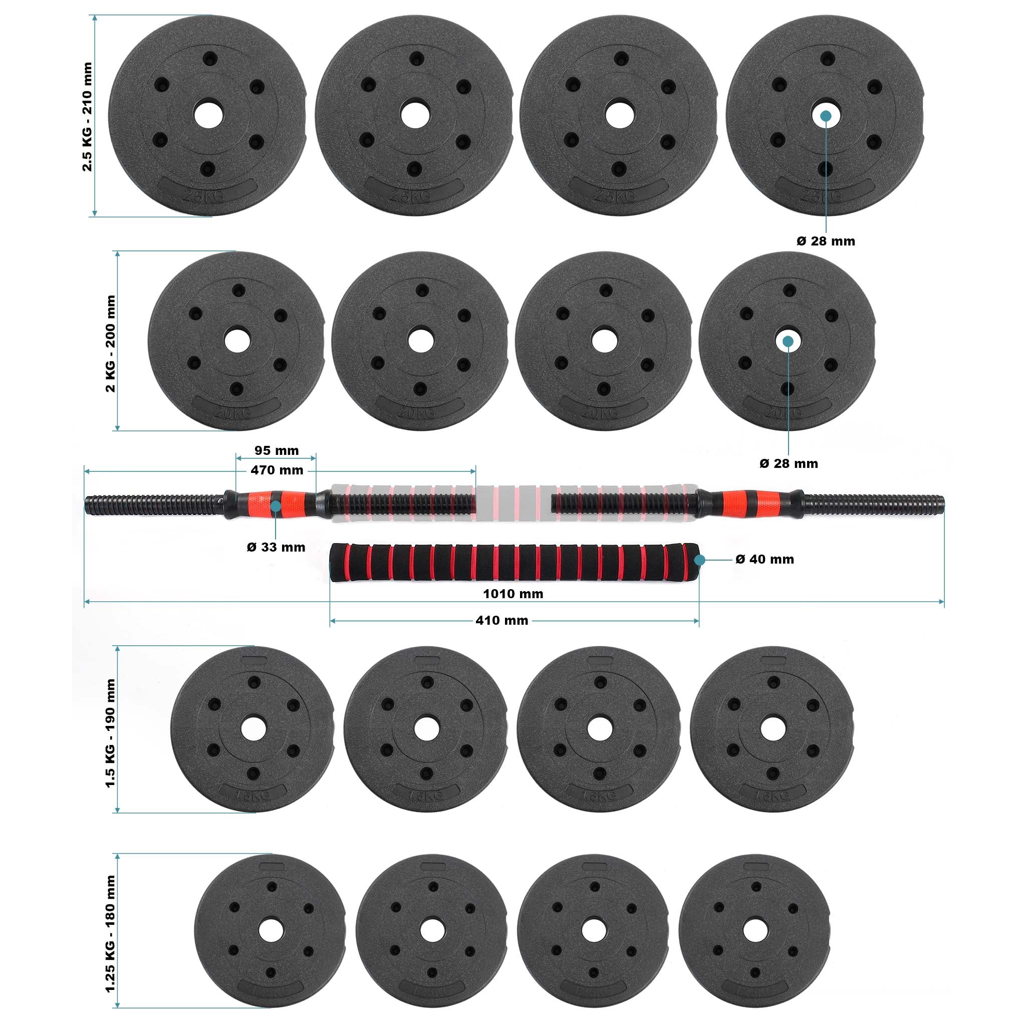 LUXTRI Set manubrio corto e bilanciere 2in1 30kg con 16 dischi per fitness allenamento forza