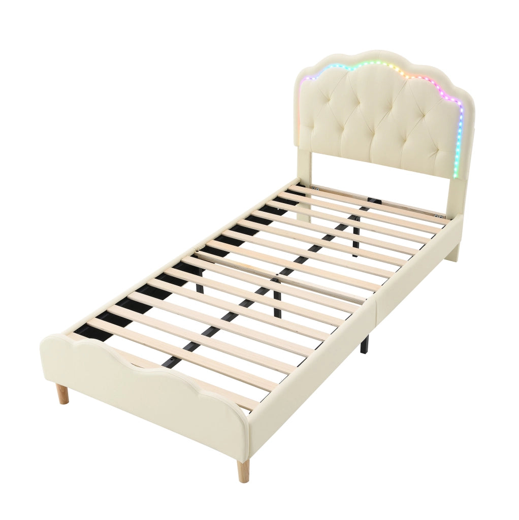 Letto imbottito 90x200 cm con testiera ondulata e LED multicolore in PU beige