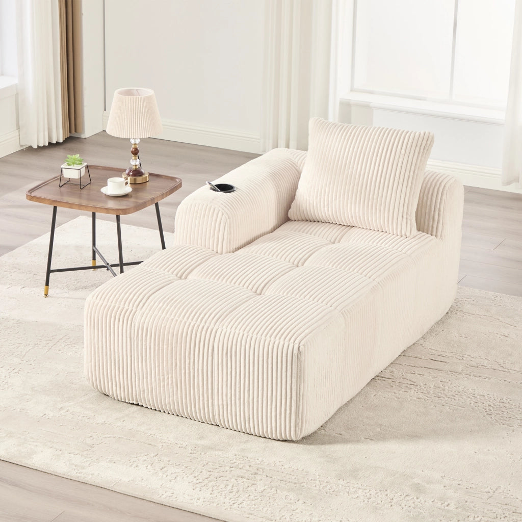 Fauteuil in corduroy con tasche laterali e portabicchieri, schiuma ad alta densità e struttura stabile, beige
